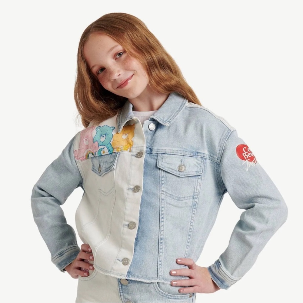 Justice Light Blue Denim Jacket with Colorful Bear Design